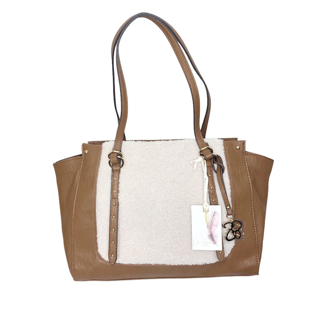 Jessica Simpson Sherpa Panel Brown Faux Leather Tote Bag Purse NWT